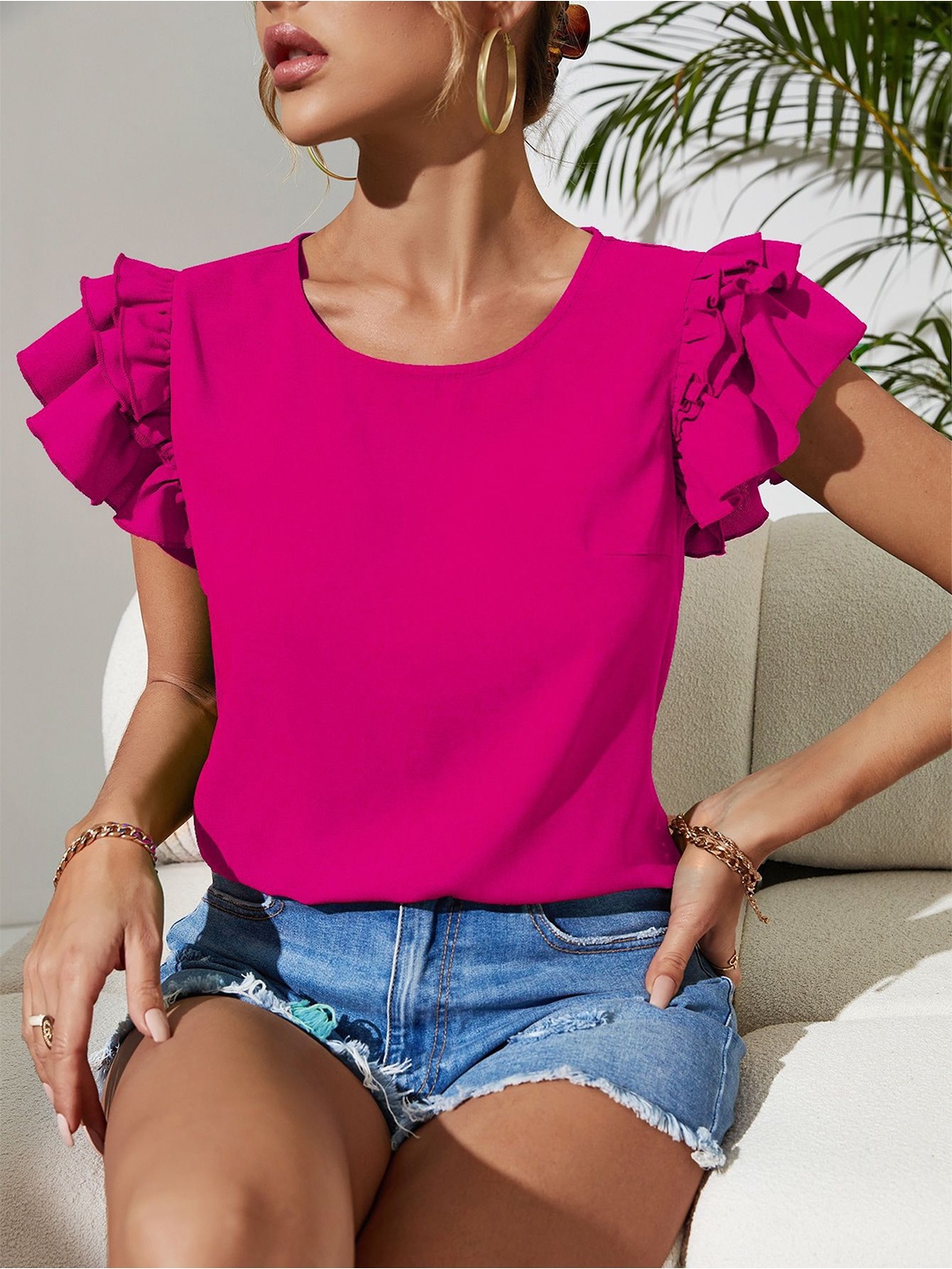 

StyleCast Pink Round Neck Flutter Sleeves Top