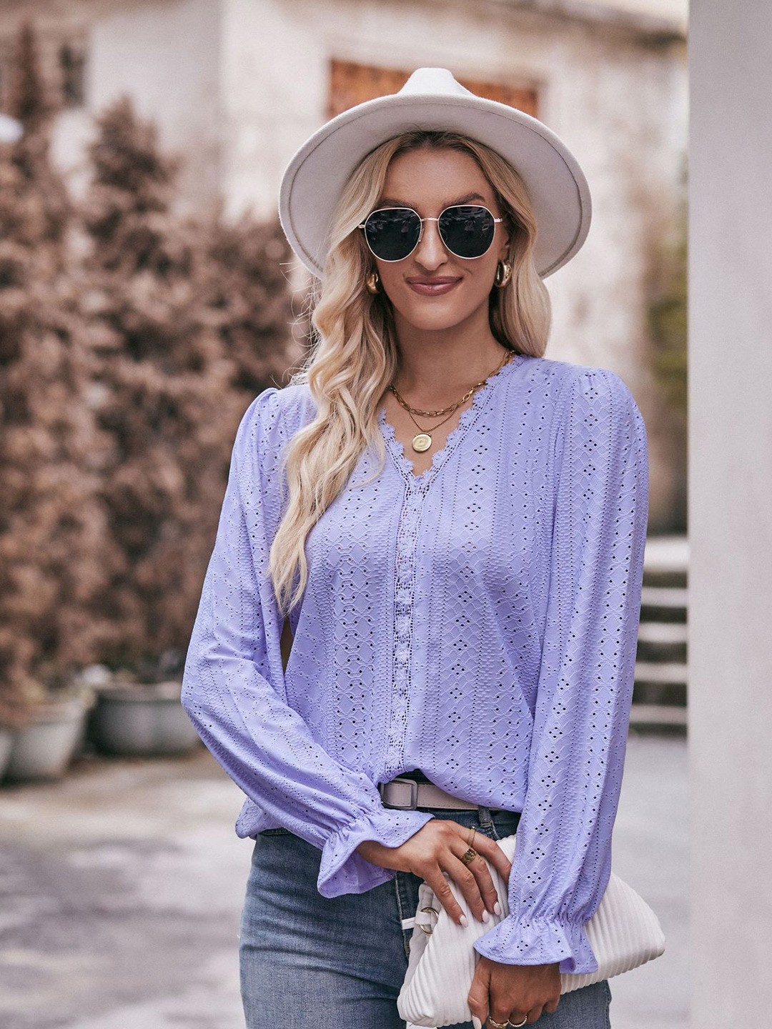 

BoStreet Purple Full Sleeve Shirt Style Schiffli Top