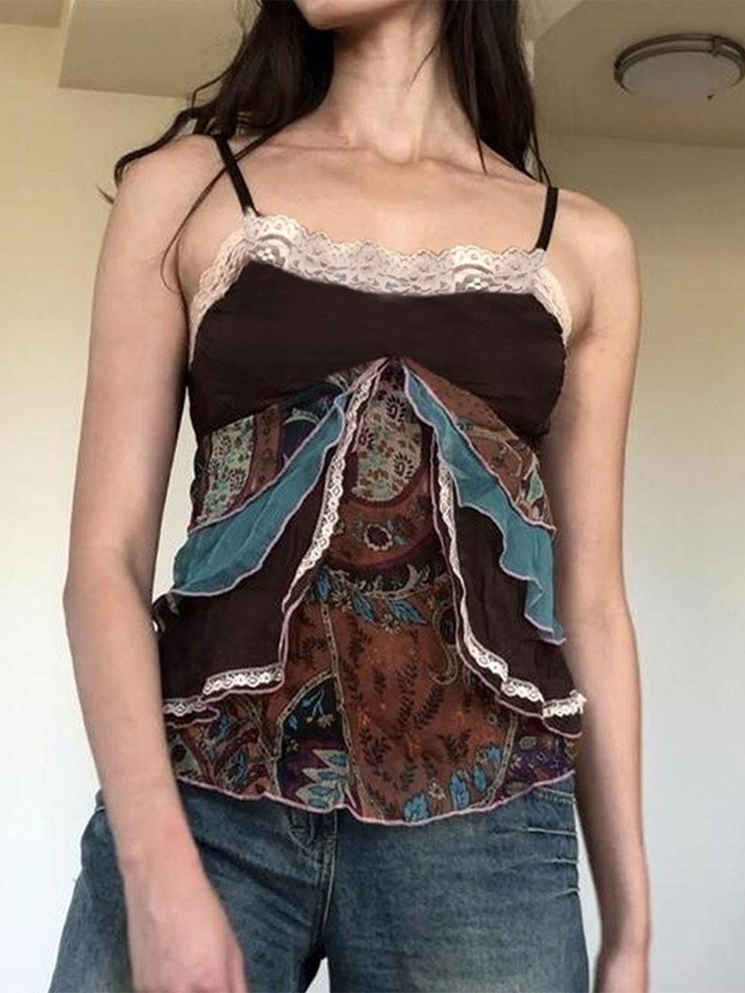 

BoStreet Ethnic Motifs Printed Lace Inserted Ruffled Top, Brown