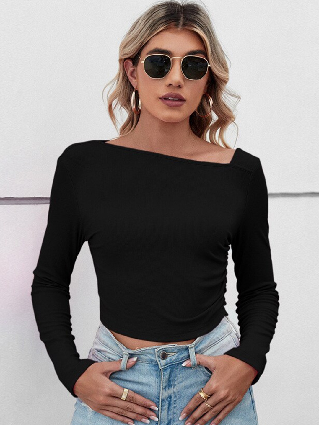 

StyleCast Asymmetrical Neck Long Sleeves Fitted Crop Top, Black