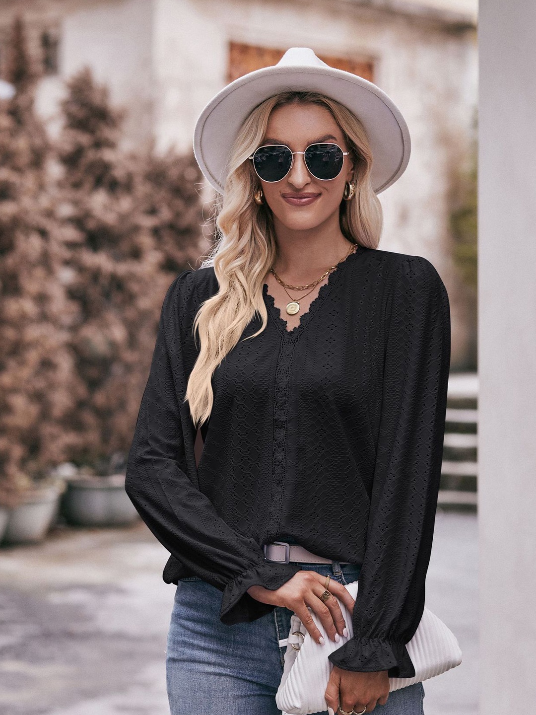 

StyleCast V-Neck Self Design Puff Sleeves Top, Black