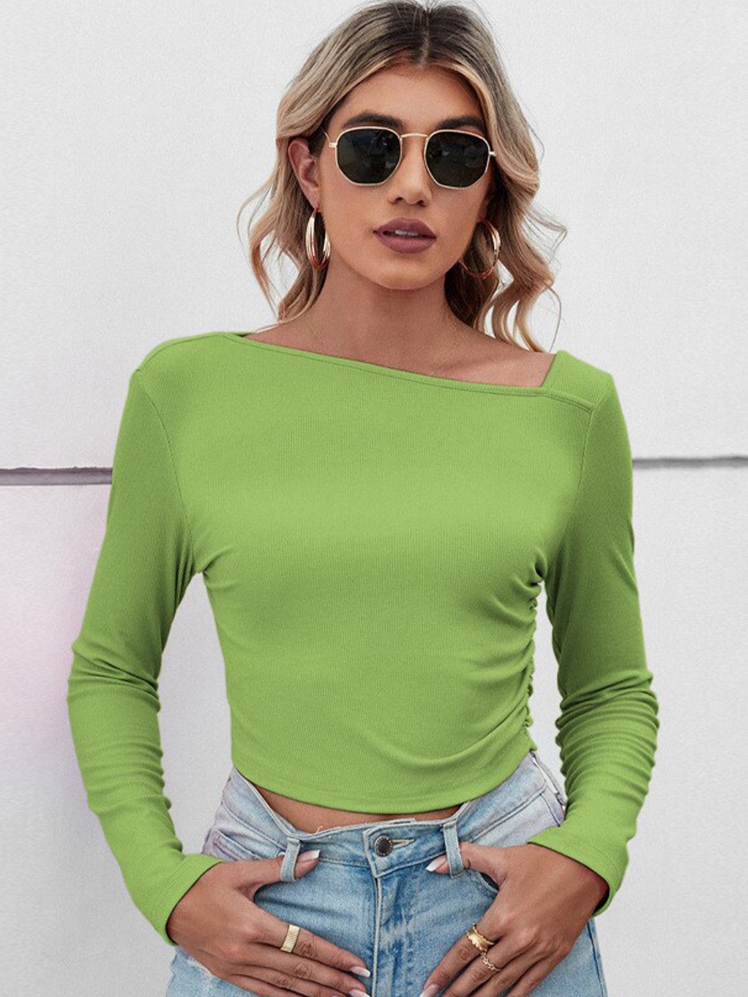 

StyleCast Asymmetrical Neck Long Sleeves Fitted Crop Top, Green