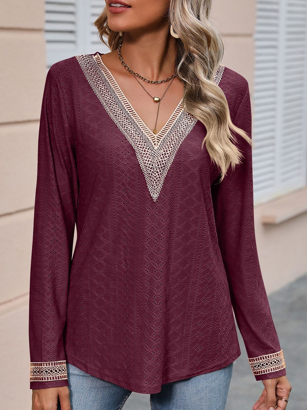 

BoStreet V-Neck Self Design Top, Maroon