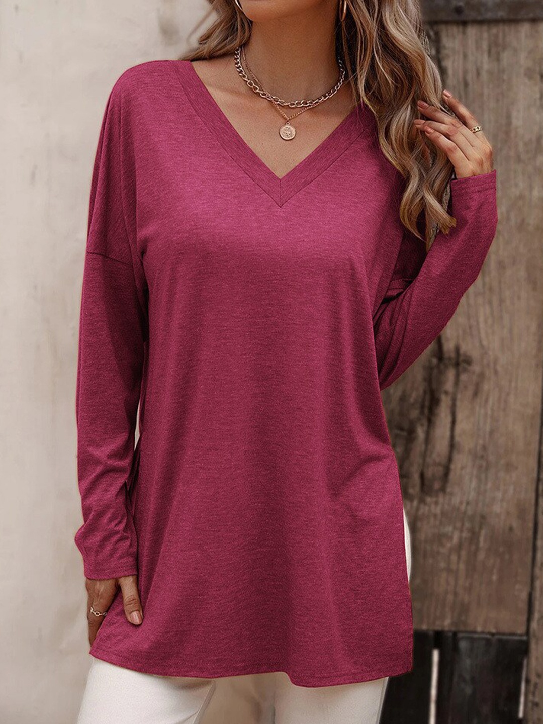 

BoStreet V-Neck Drop-Shoulder Sleeves Longline Top, Magenta