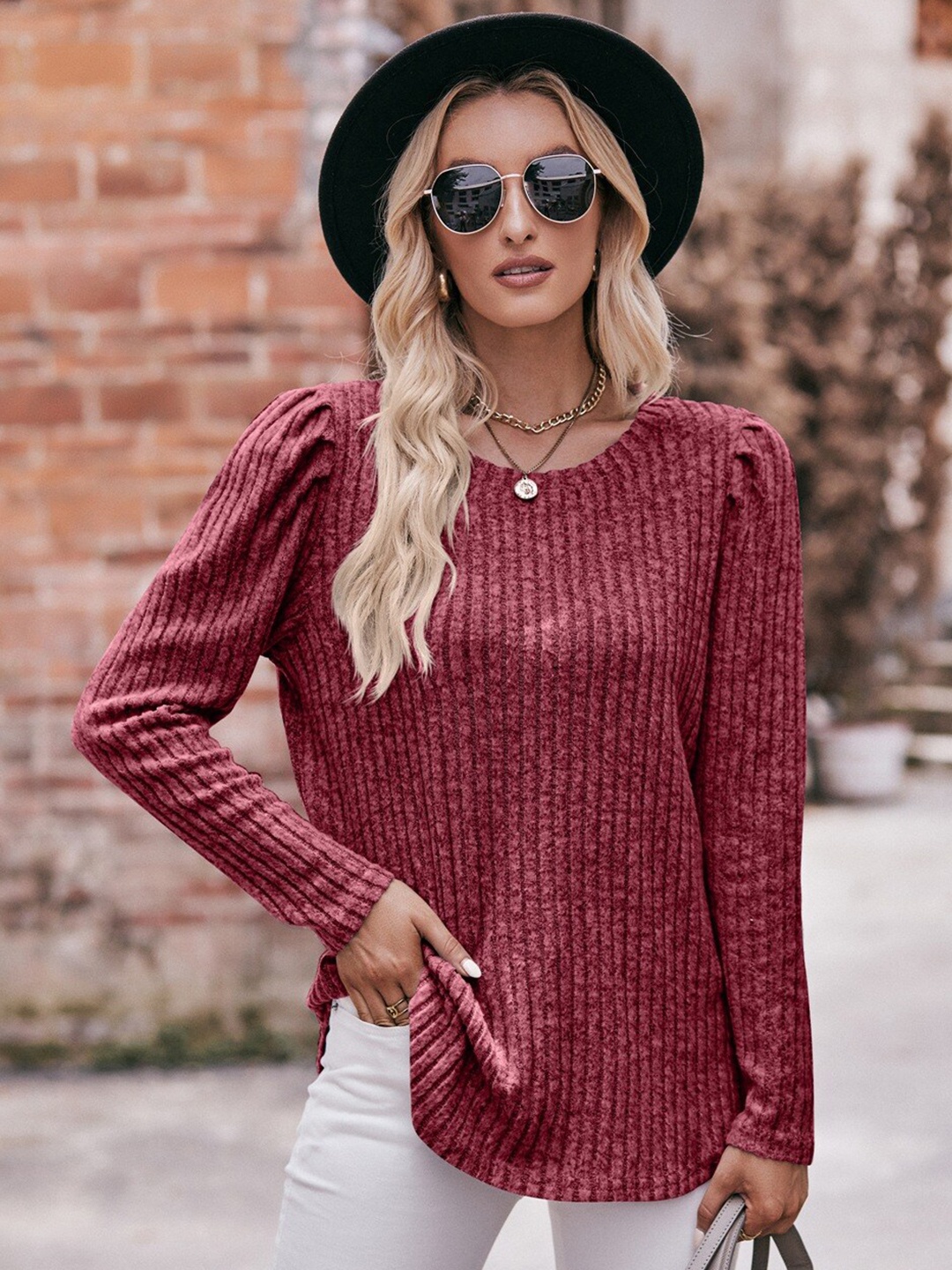 

StyleCast Striped Puff Sleeves Top, Maroon