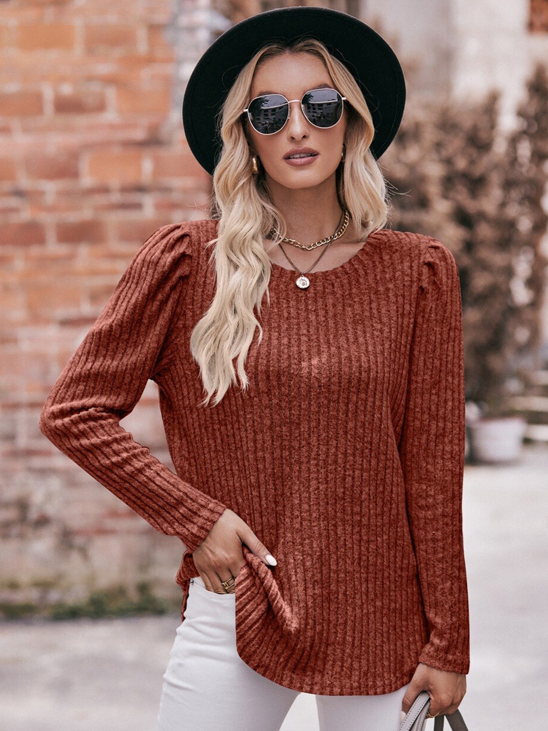 

StyleCast Striped Round Neck Top, Rust