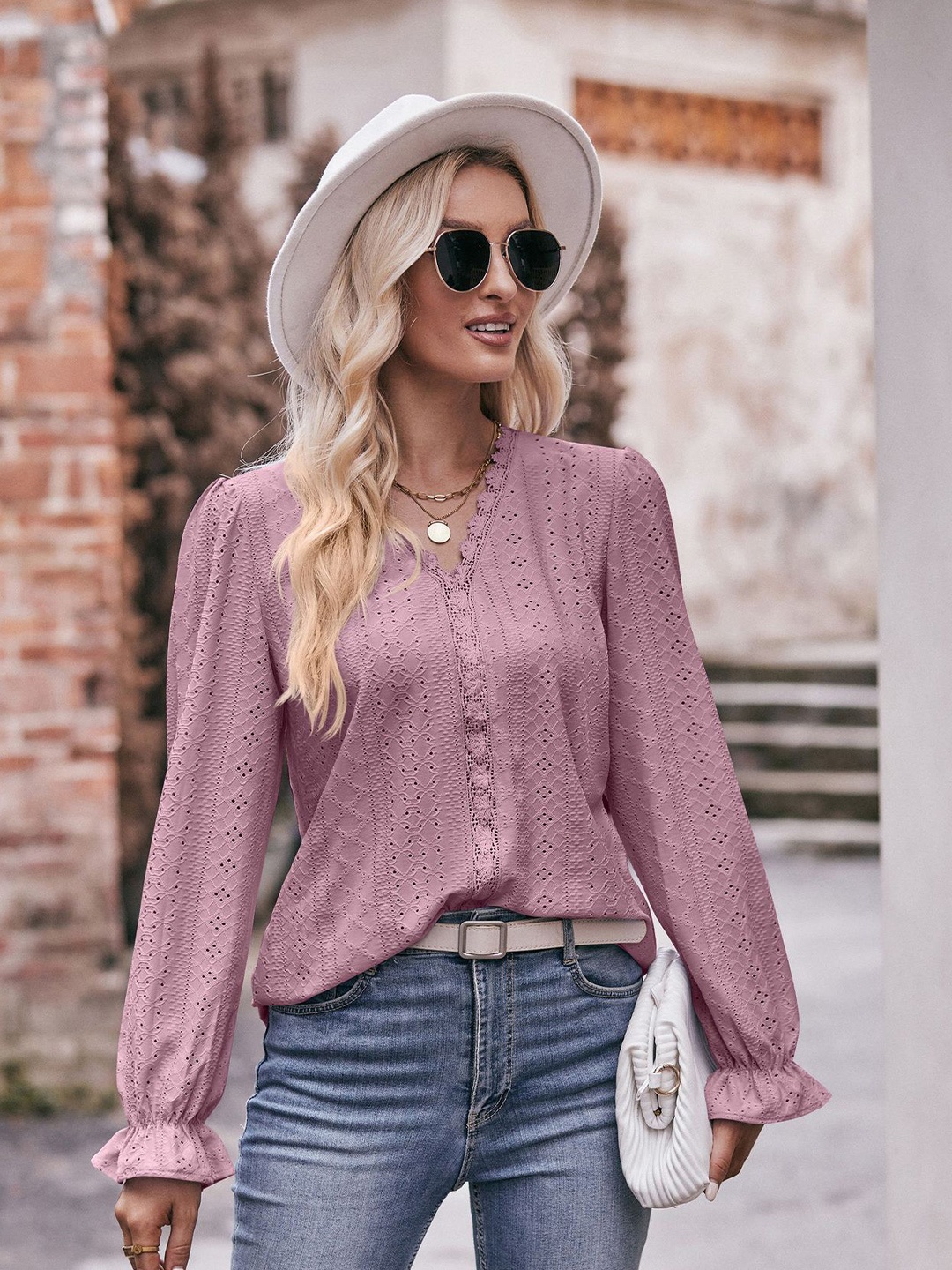 

StyleCast V-Neck Cuffed Sleeves Schiffli Shirt Style Top, Pink