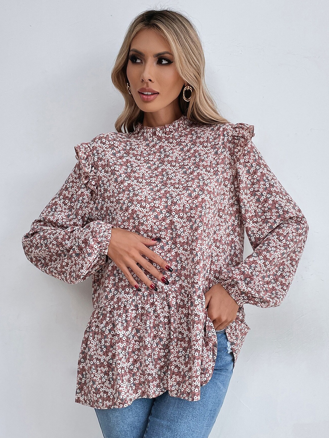 

BoStreet Floral Printed High Neck Top, Brown