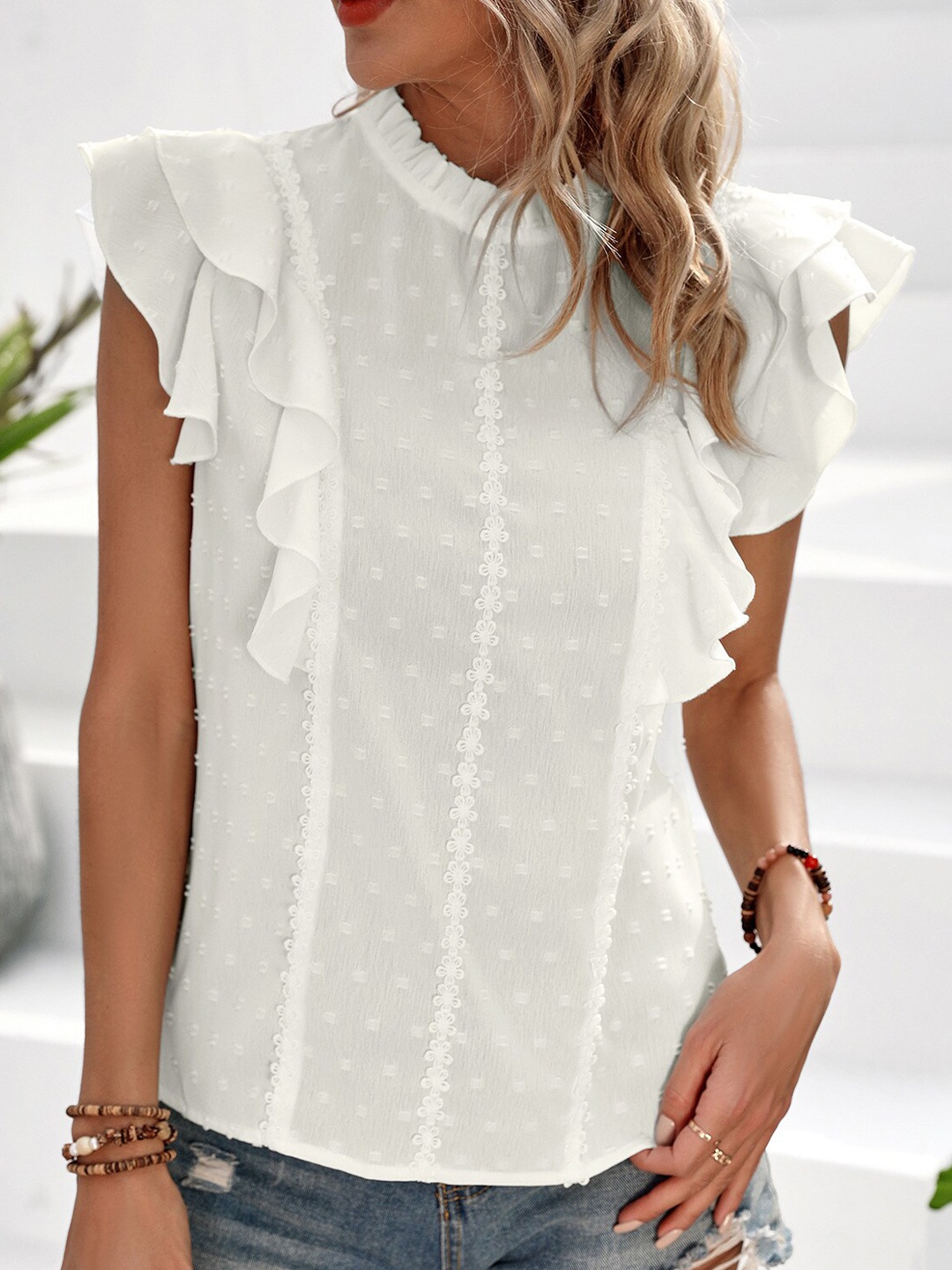 

StyleCast Self Designed High Neck Flutter Sleeves Top, White