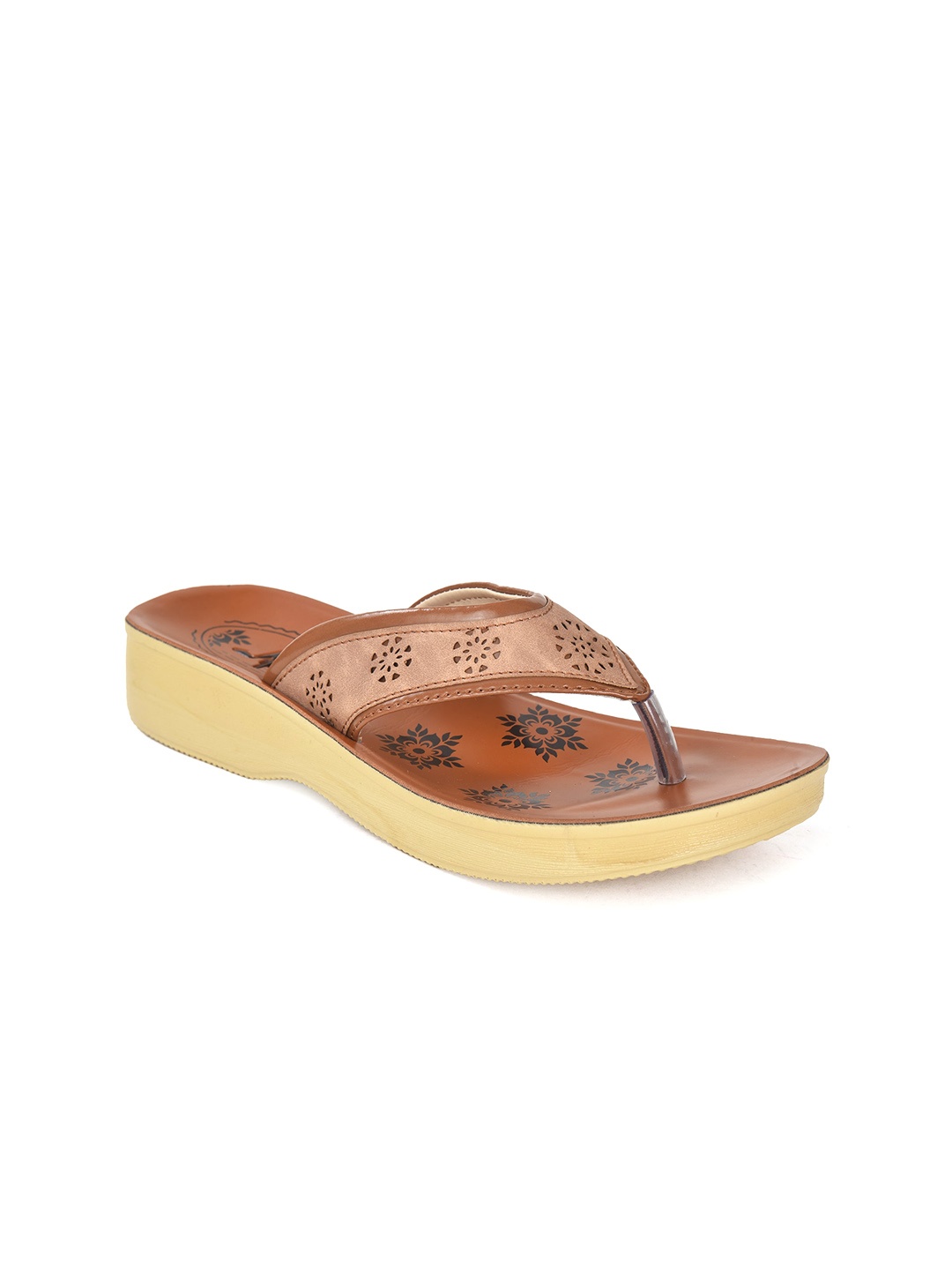 

Ajanta Printed Laser Cuts Open Toe Flats, Brown