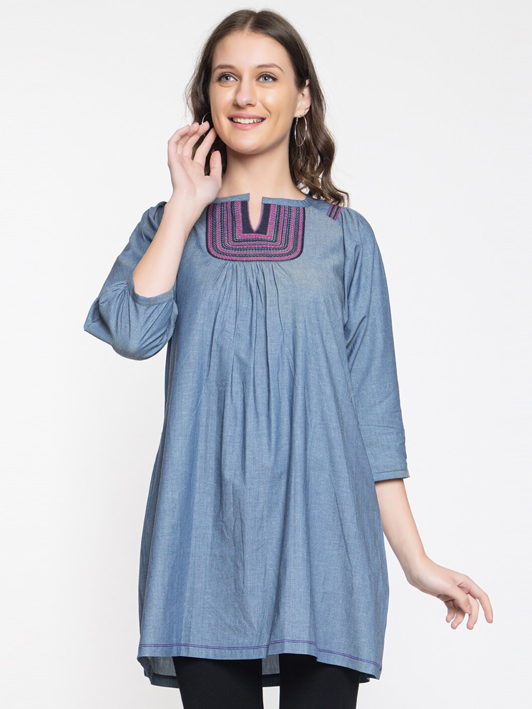 

Elthia Puff Sleeves Pleated Denim A-Line Kurti, Blue