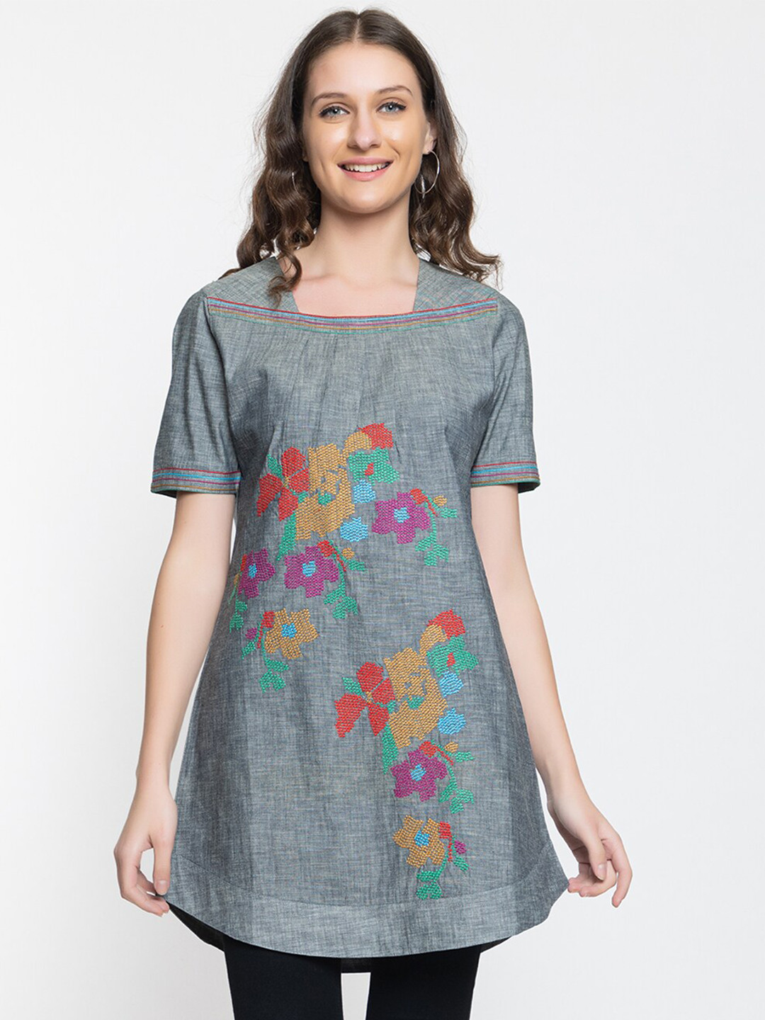 

Elthia Floral Embroidered Thread Work Denim Straight Kurti, Grey