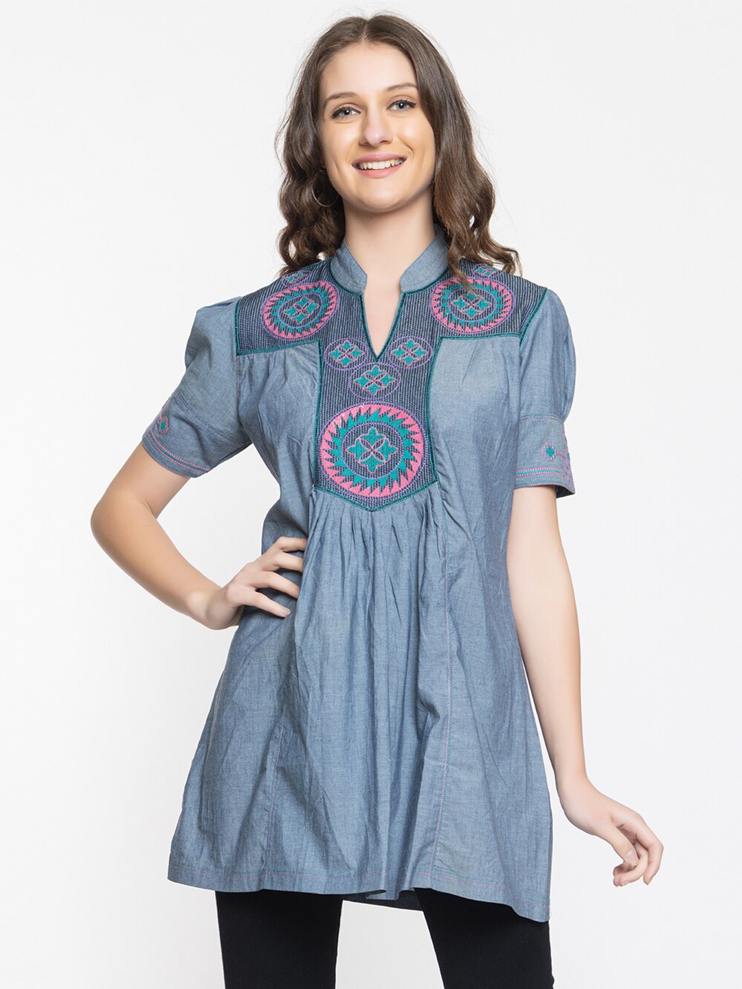 

Elthia Ethnic Motifs Embroidered Thread Work Denim Straight Kurti, Grey