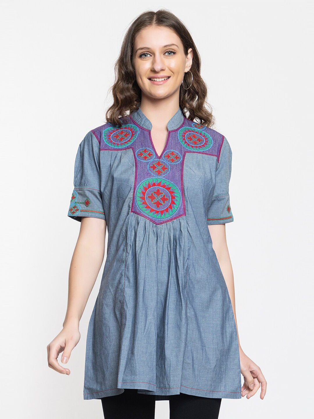 

Elthia Ethnic Motifs Embroidered Thread Work Denim A-Line Kurti, Blue