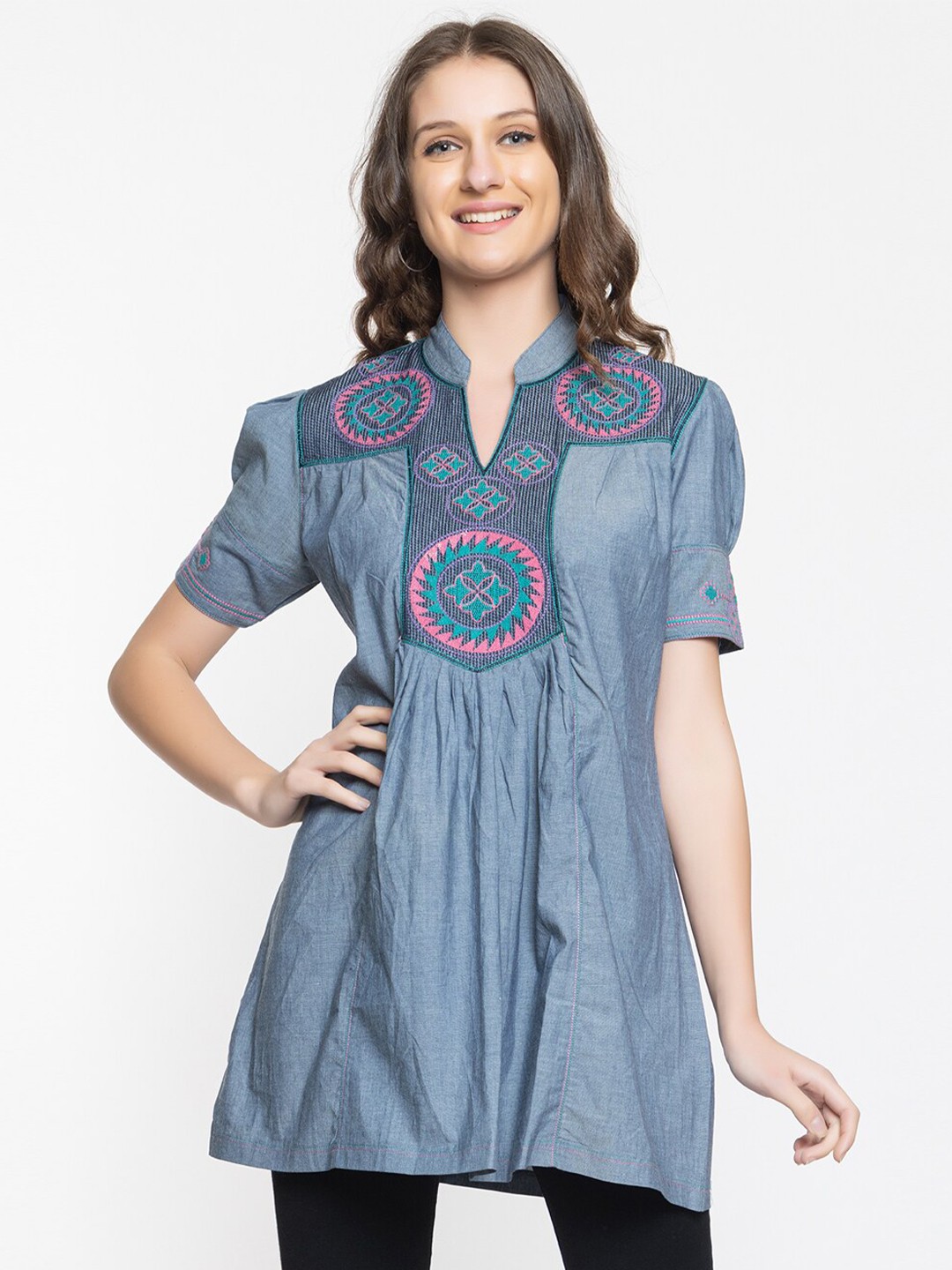 

Elthia Ethnic Motifs Embroidered Thread Work Denim Straight Kurti, Grey