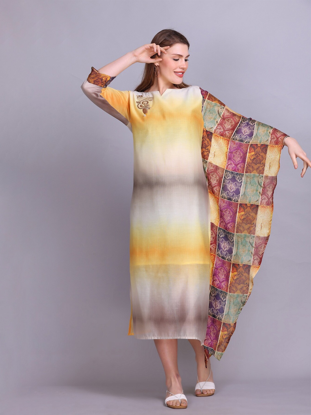 

Elthia Dyed Round Neck Silk Kaftan Dress, Yellow