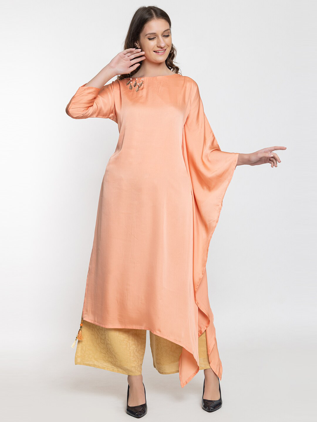 

Elthia Flared Sleeves Bead Work Pure Silk Kurta, Peach