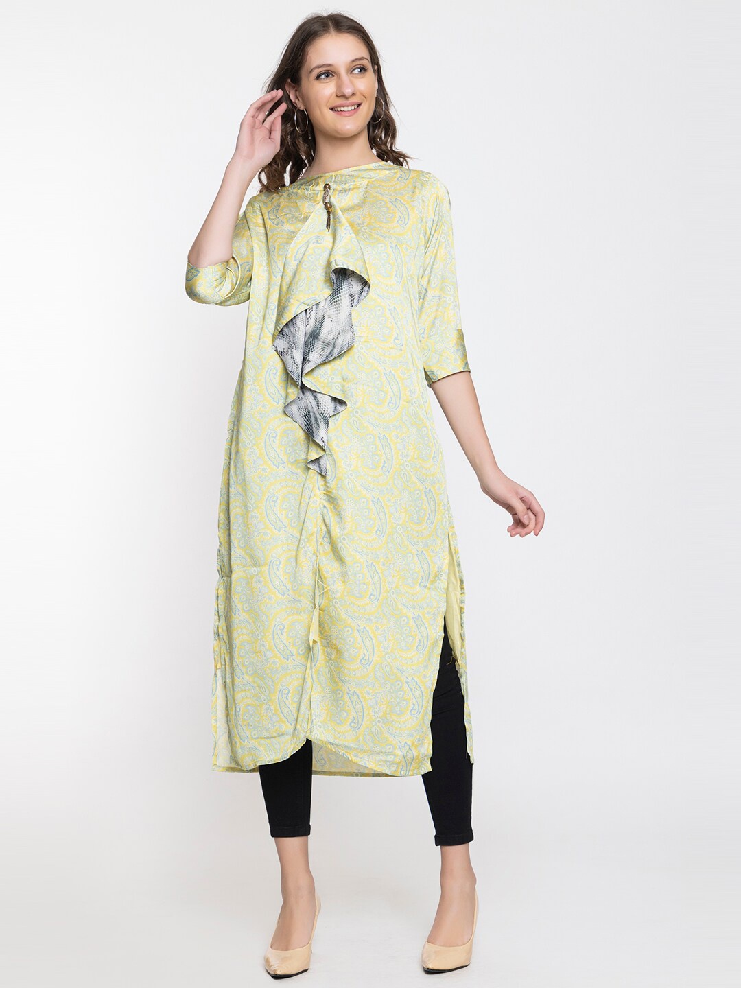 

Elthia Ethnic Motifs Printed Pure Silk Kurta, Yellow