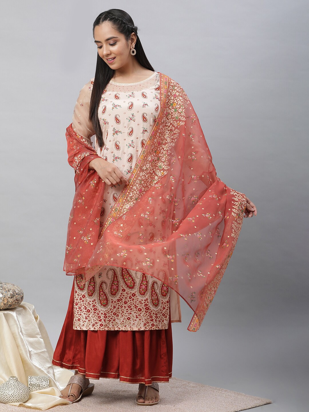 

AURELIA Floral Printed Dupatta, Orange