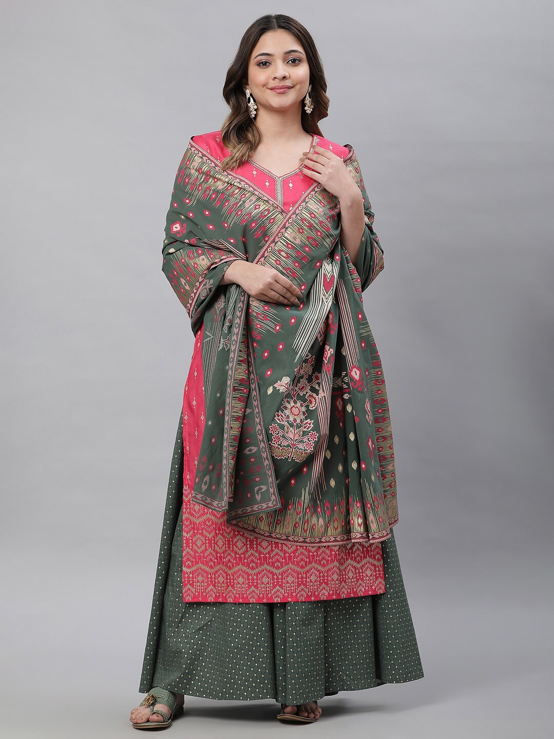 

AURELIA Ethnic Motifs Printed Pure Cotton Dupatta, Green