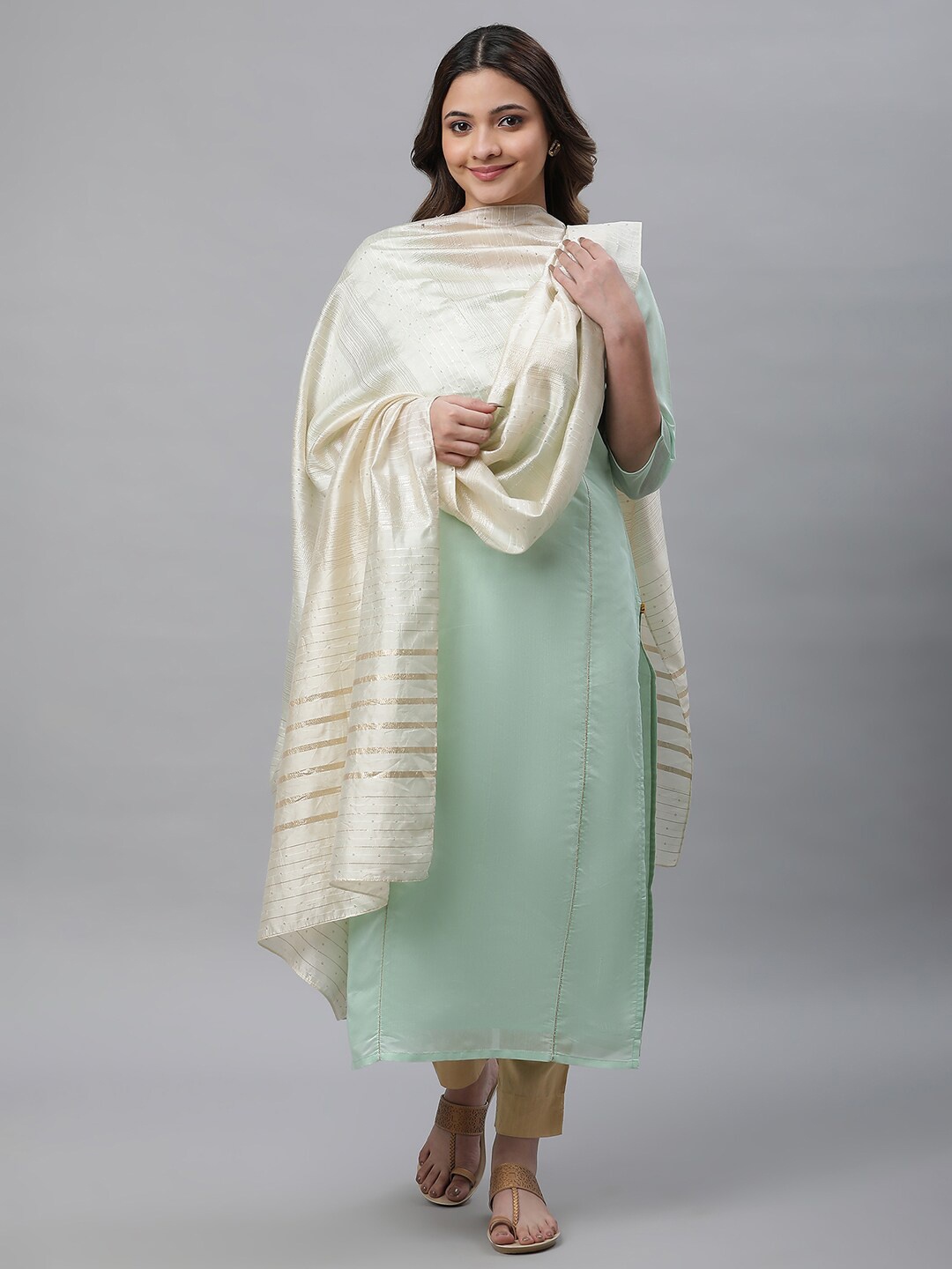 

AURELIA Striped Dupatta With Sequinned, Off white