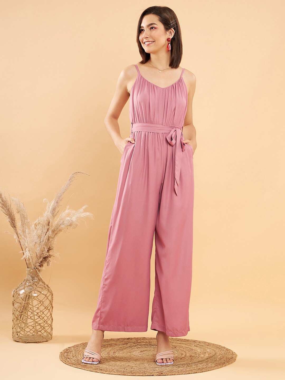 

KASSUALLY Shoulder Straps Belted Basic Jumpsuit, Pink