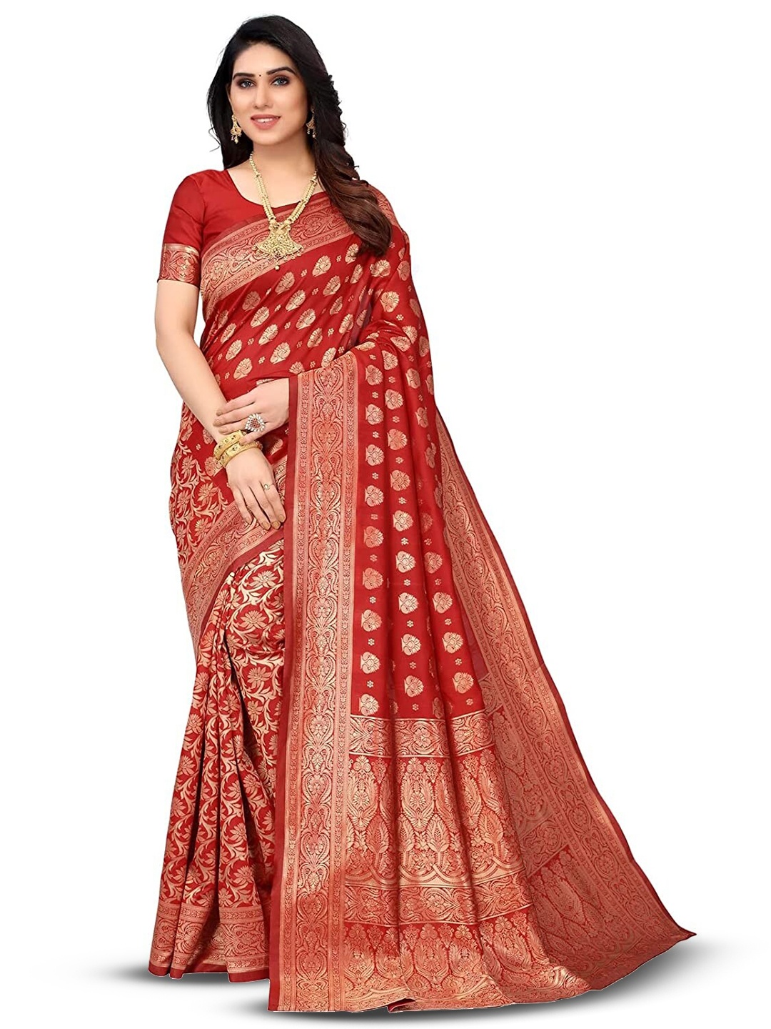 

MAGMINA Woven Design Zari Pure Silk Banarasi Saree, Red