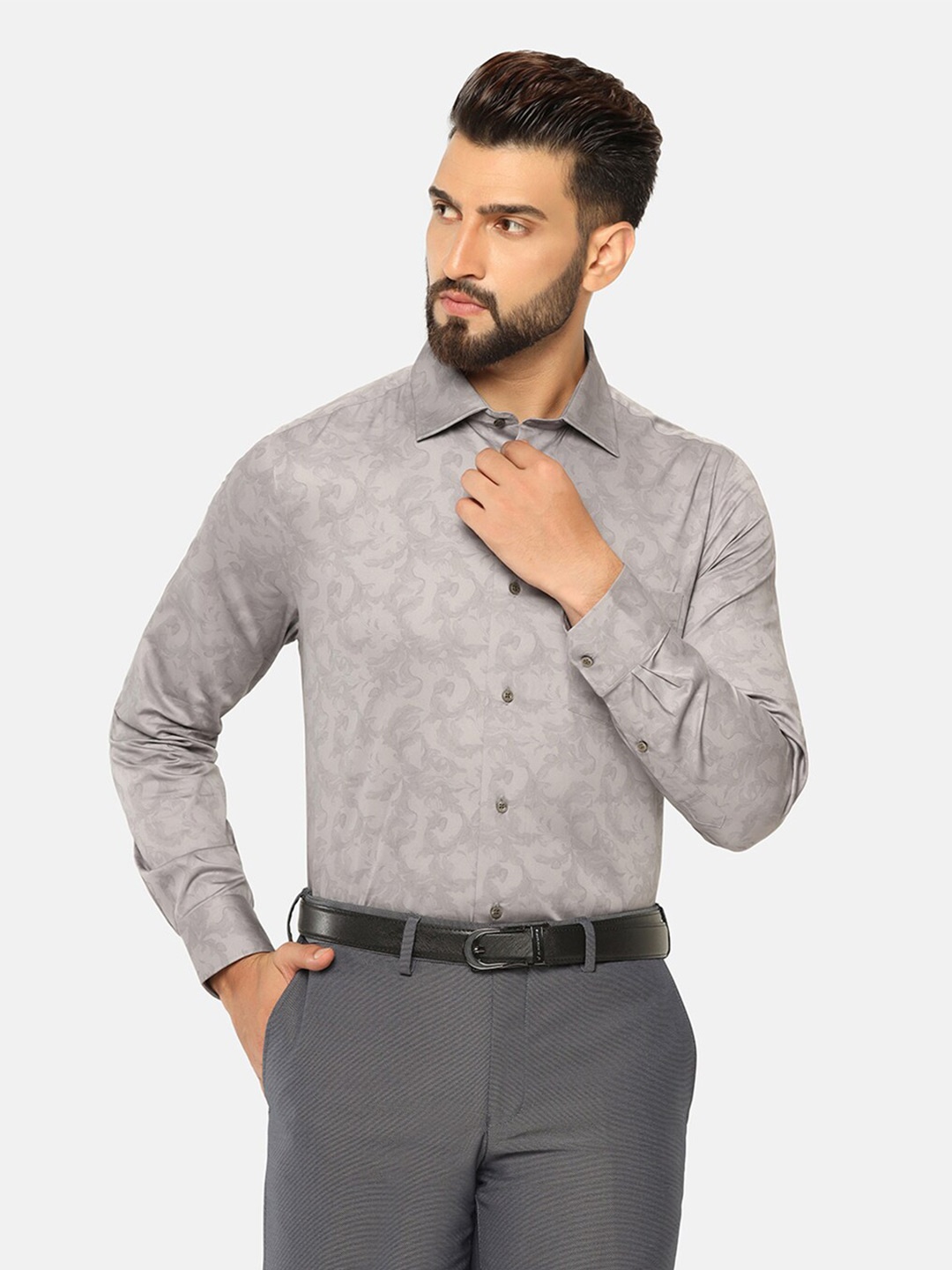 

Blackberrys India Slim Fit Floral Printed Pure Cotton Formal Shirt, Grey