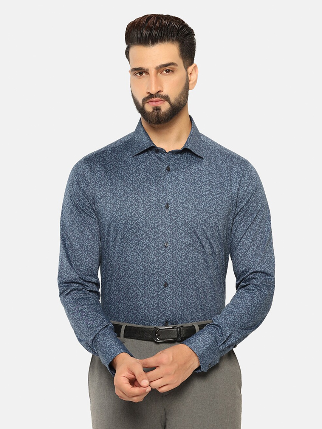 

Blackberrys India Slim Fit Floral Printed Pure Cotton Formal Shirt, Navy blue