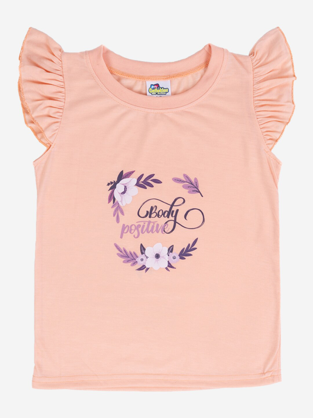 

Cutiekins Girls Graphic Printed Round Neck Cap Sleeves Cotton Regular T-shirt, Peach