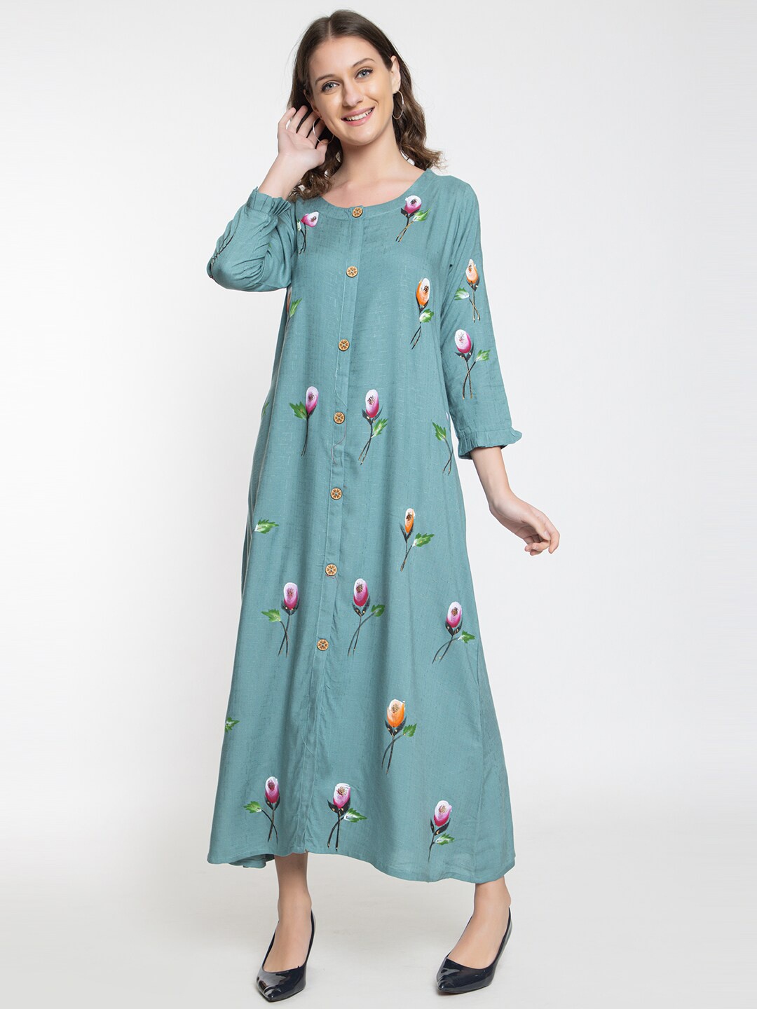 

Elthia Floral Printed Round Neck Bell Sleeves A-Line Dress, Teal