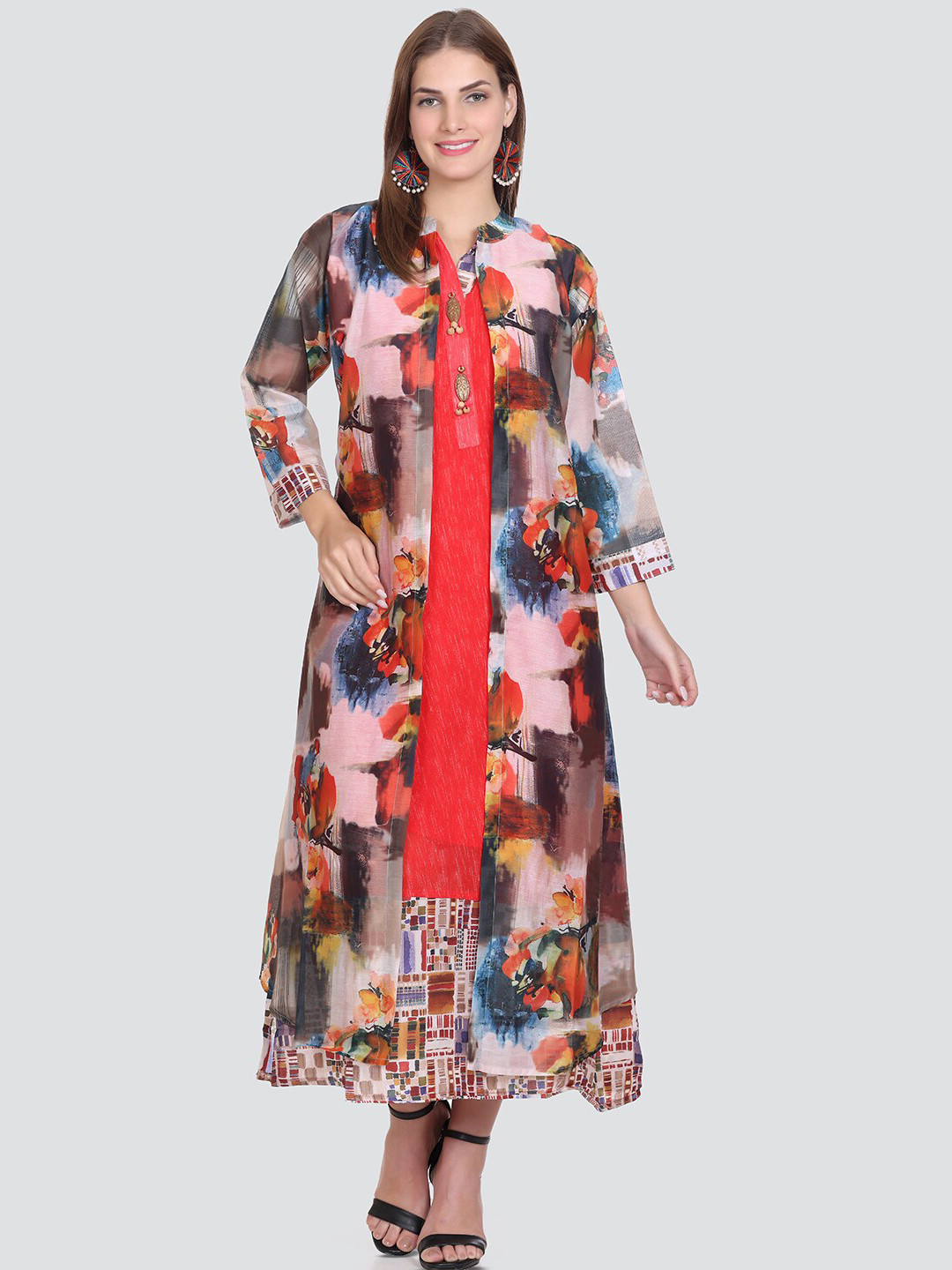 

Elthia Floral Printed Mandarin Collar A-Line Midi Dress, Red