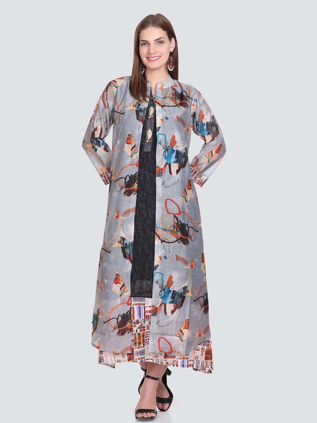 

Elthia Abstract Printed Mandarin Collar A-Line Midi Dress, Black