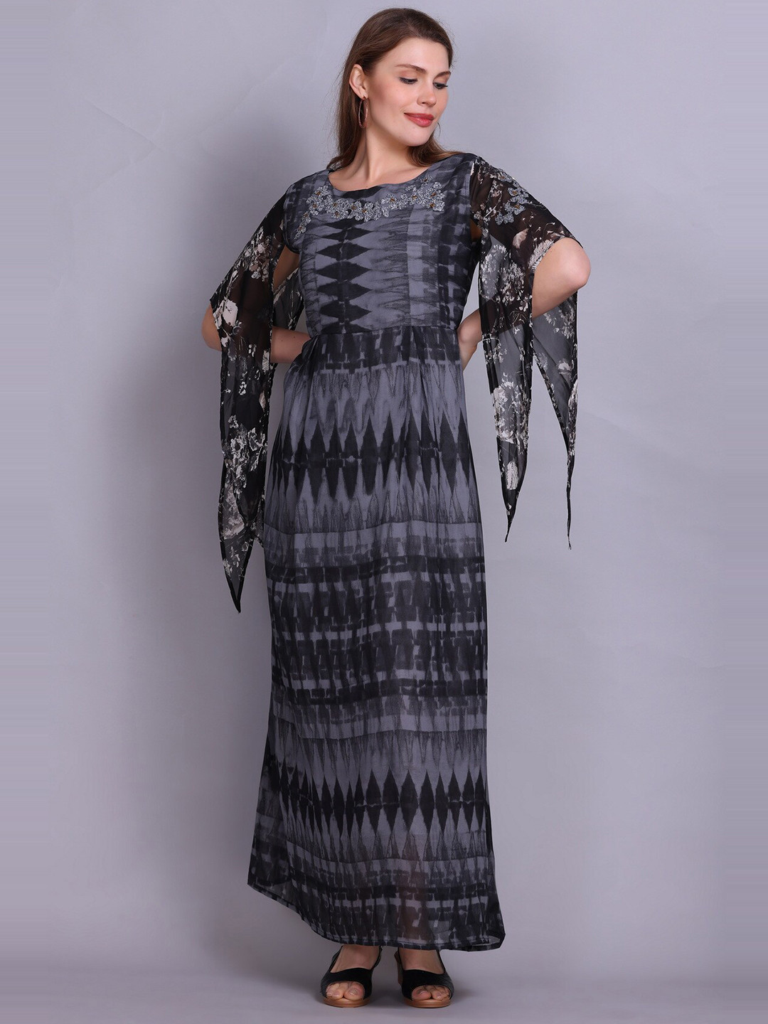 

Elthia Floral Embroidered Flared Sleeves Georgette Maxi Dress, Black