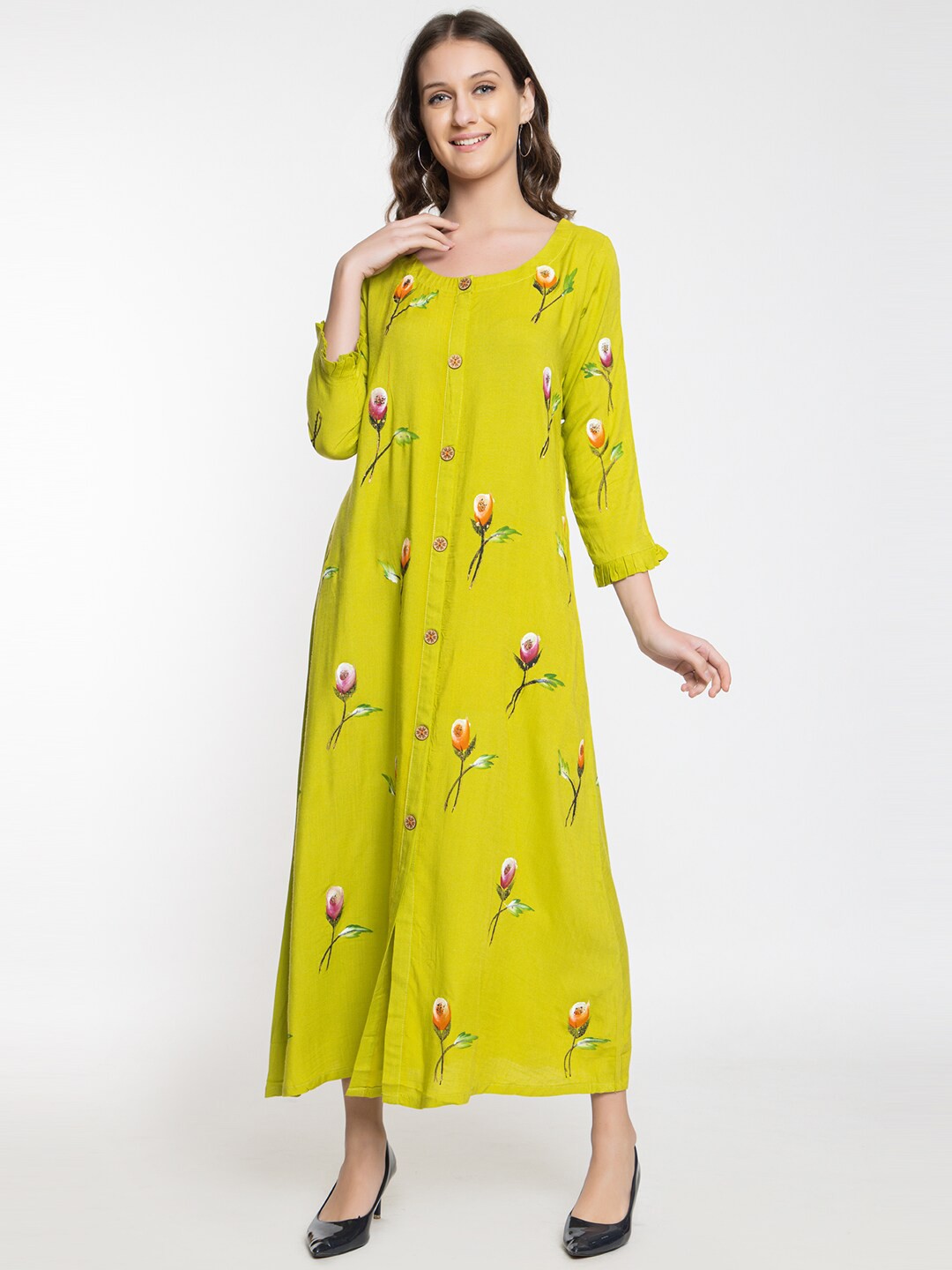 

Elthia Floral Printed Round Neck A-Line Midi Dress, Yellow