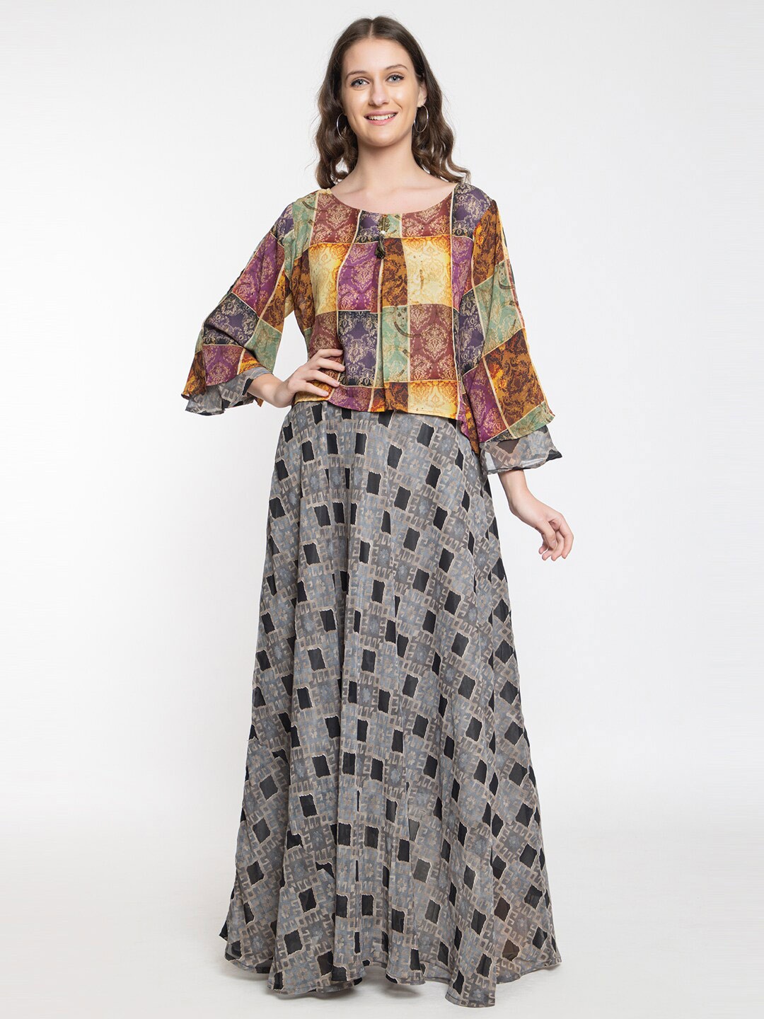 

Elthia Geometric Printed Flared Sleeves Maxi Dress, Grey
