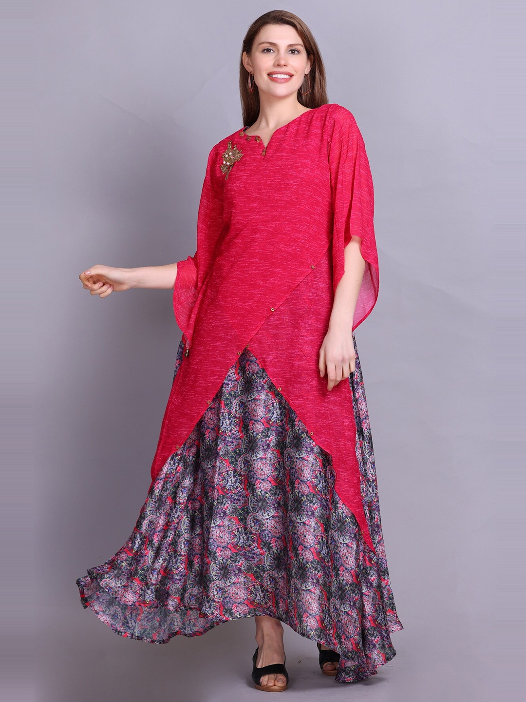 

Elthia Floral Printed Flared Sleeves Silk Maxi Dress, Orange