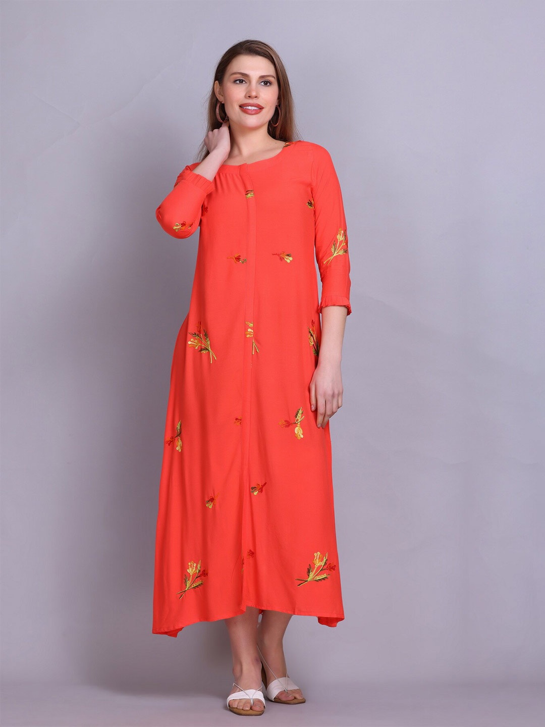 

Elthia Floral Printed Round Neck Cotton A-Line Midi Dress, Orange