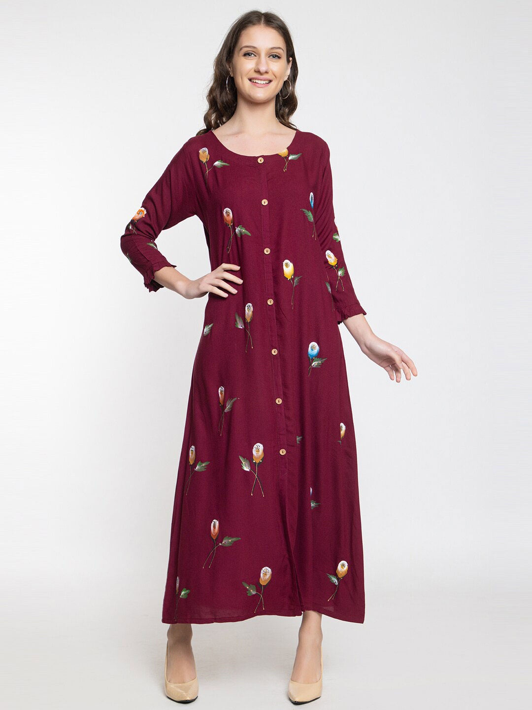 

Elthia Floral Printed Round Neck A-Line Midi Dress, Maroon