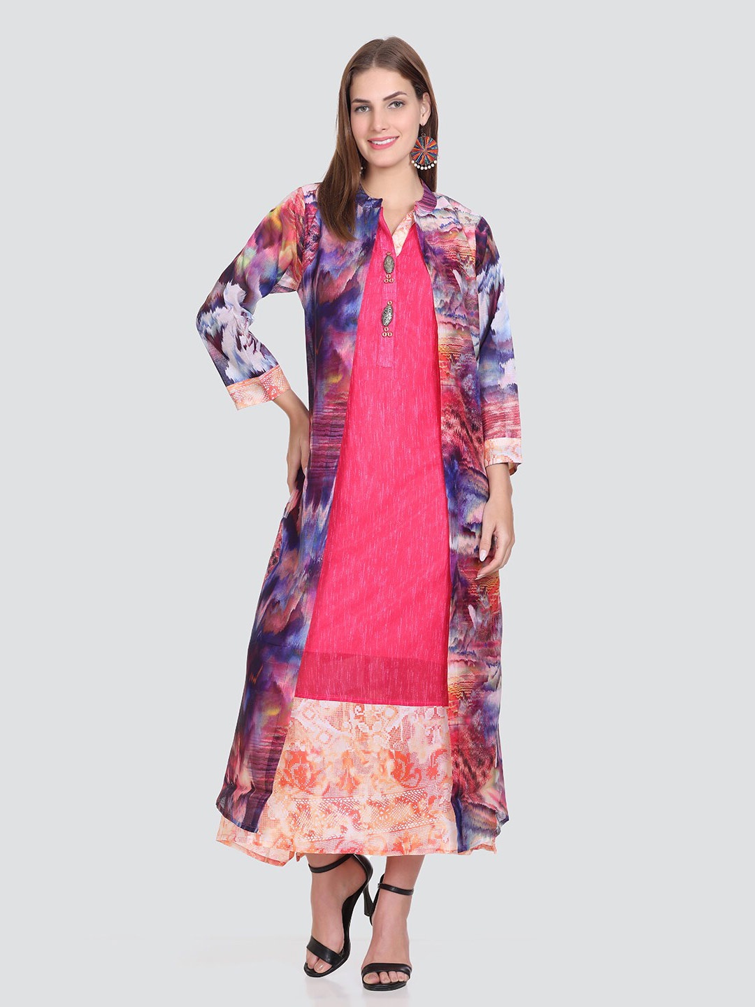 

Elthia Floral Printed Mandarin Collar A-Line Midi Dress, Pink