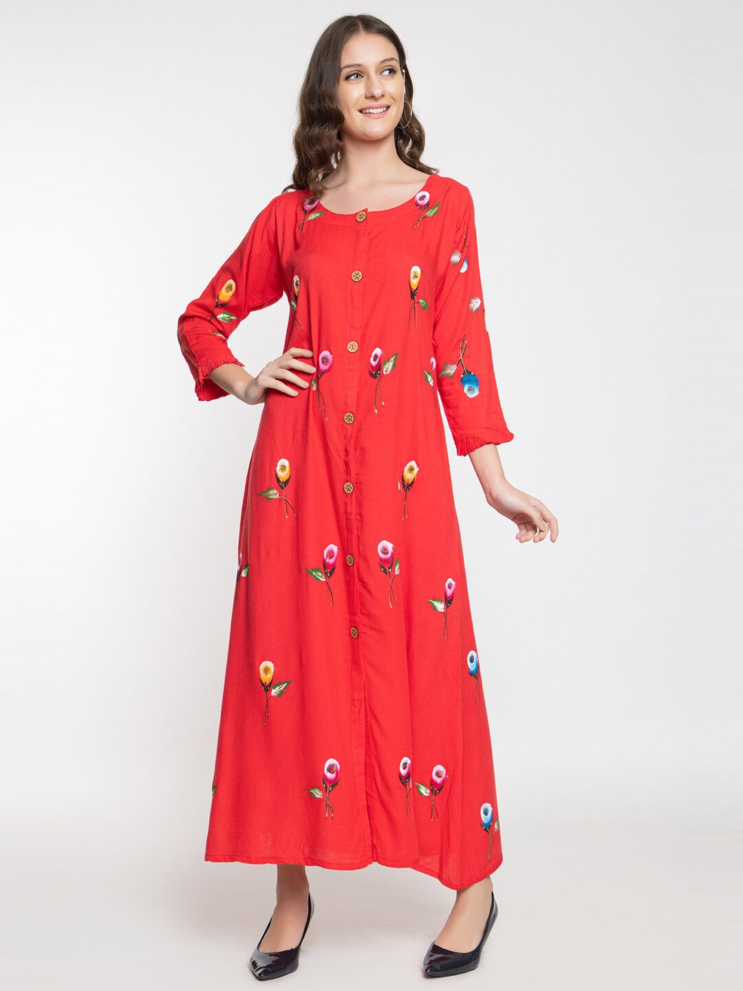 Elthia Floral Printed Round Neck A-Line Midi Dress, Orange