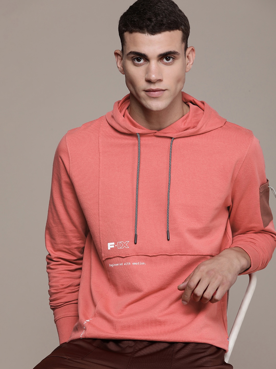 FORCE IX Pure Cotton Brand Logo Printed Hooded Sweatshirt, Coral