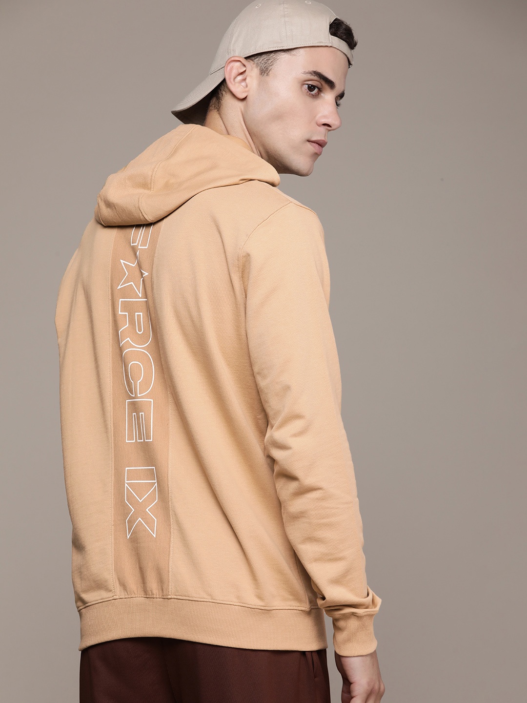 

FORCE IX Pure Cotton Brand Logo Printed Hooded Sweatshirt, Beige