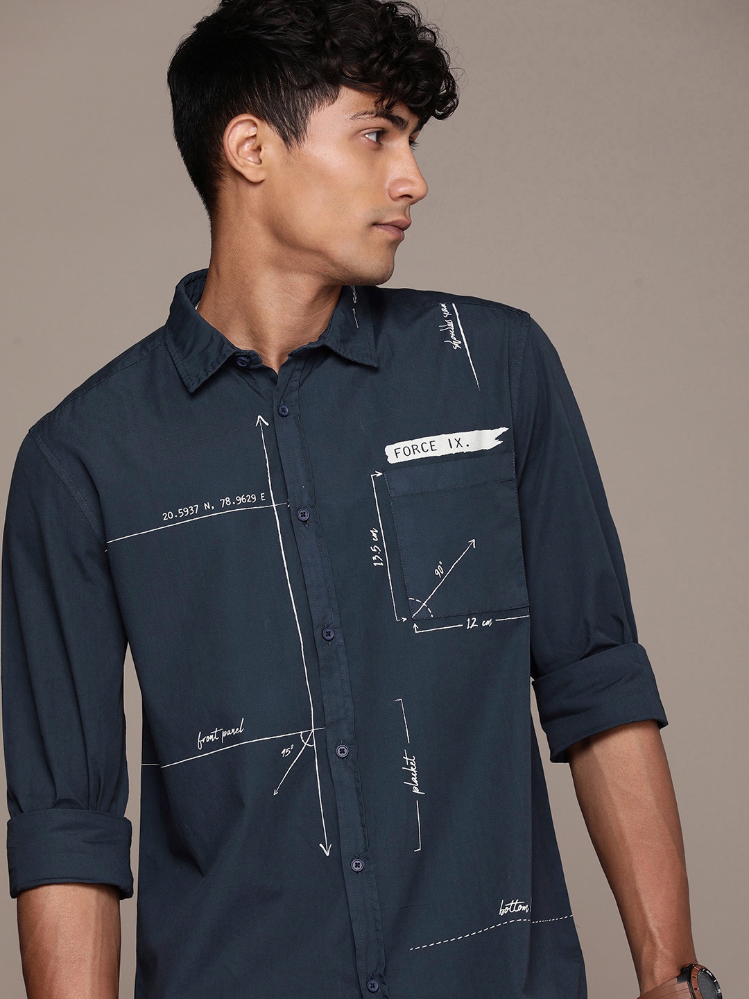 

FORCE IX Slim Fit Geometric Printed Pure Cotton Casual Shirt, Teal