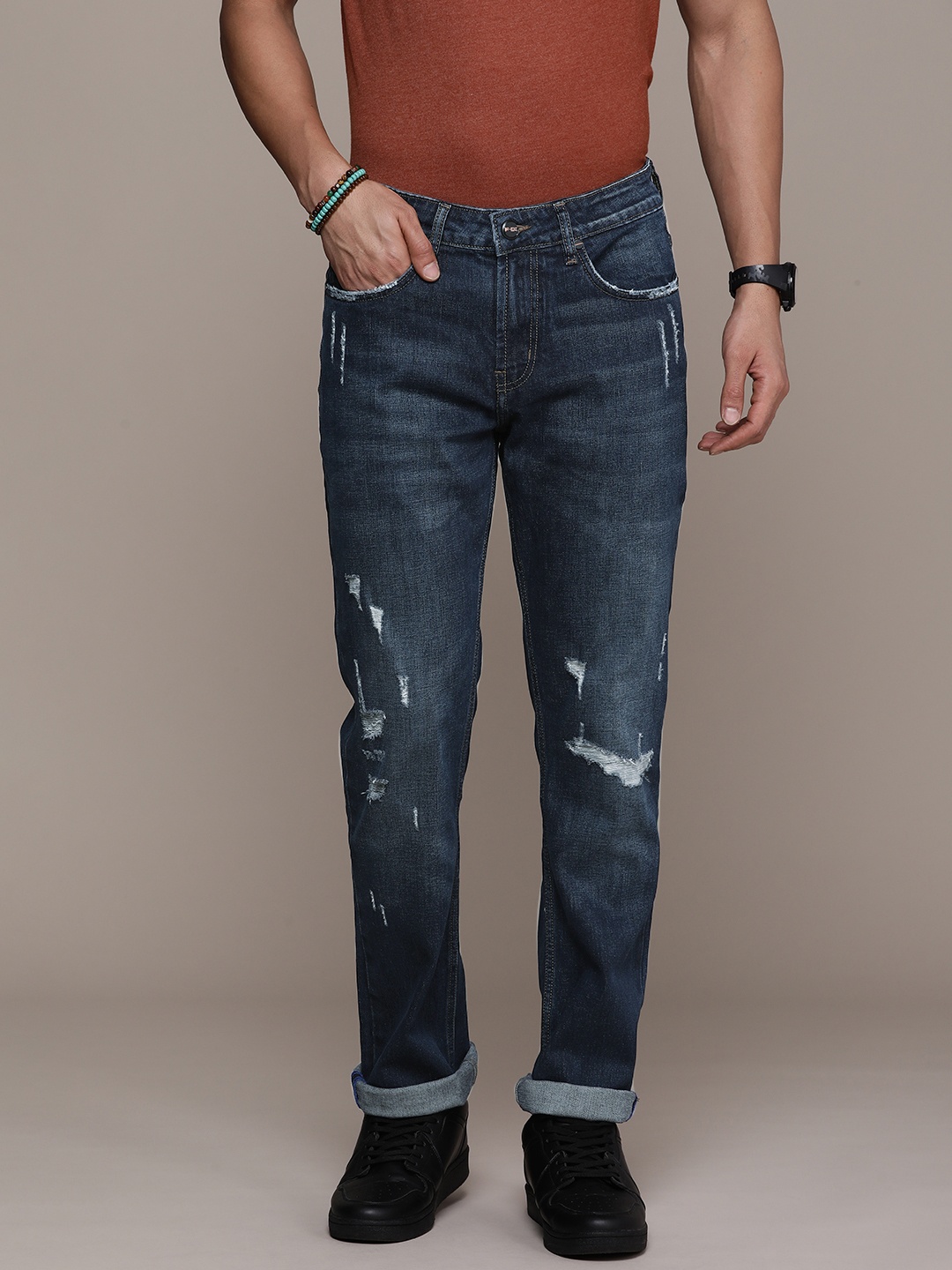 

FORCE IX Men Regular Fit Mildly Distressed Light Fade Stretchable Jeans, Blue