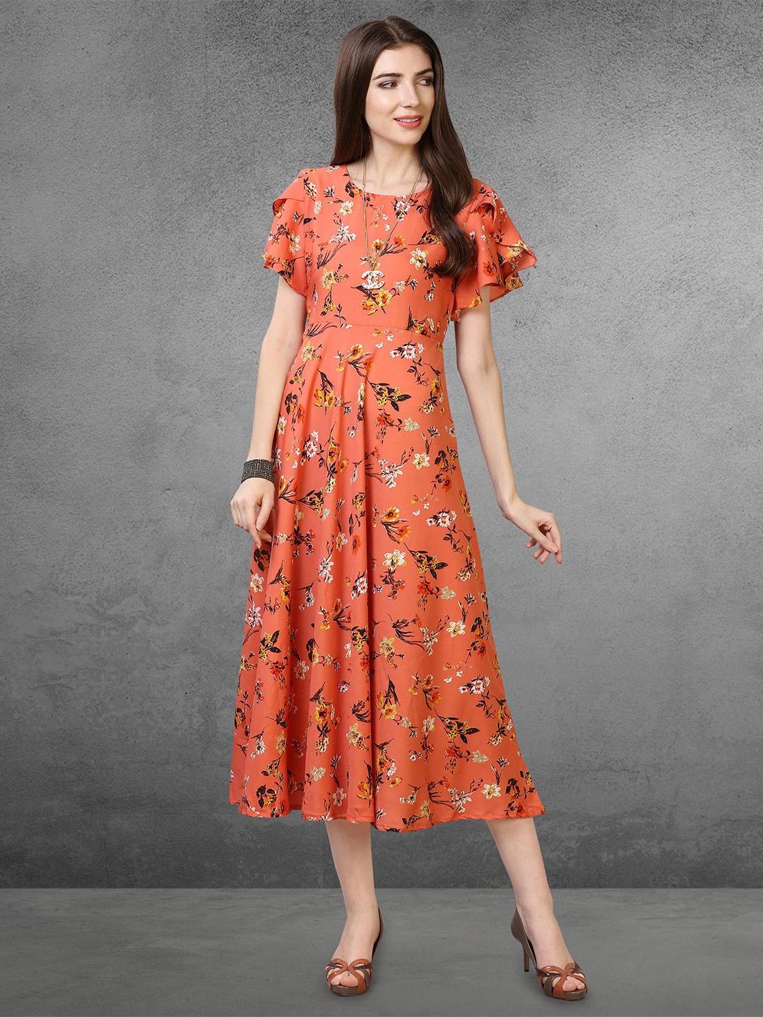 

BAESD Floral Printed Bell Sleeves A-Line Midi Dress, Orange