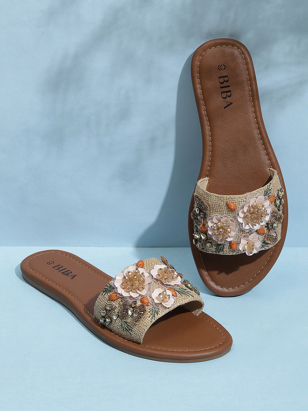 

Biba Ethnic Embellished Open Toe Flats, Beige