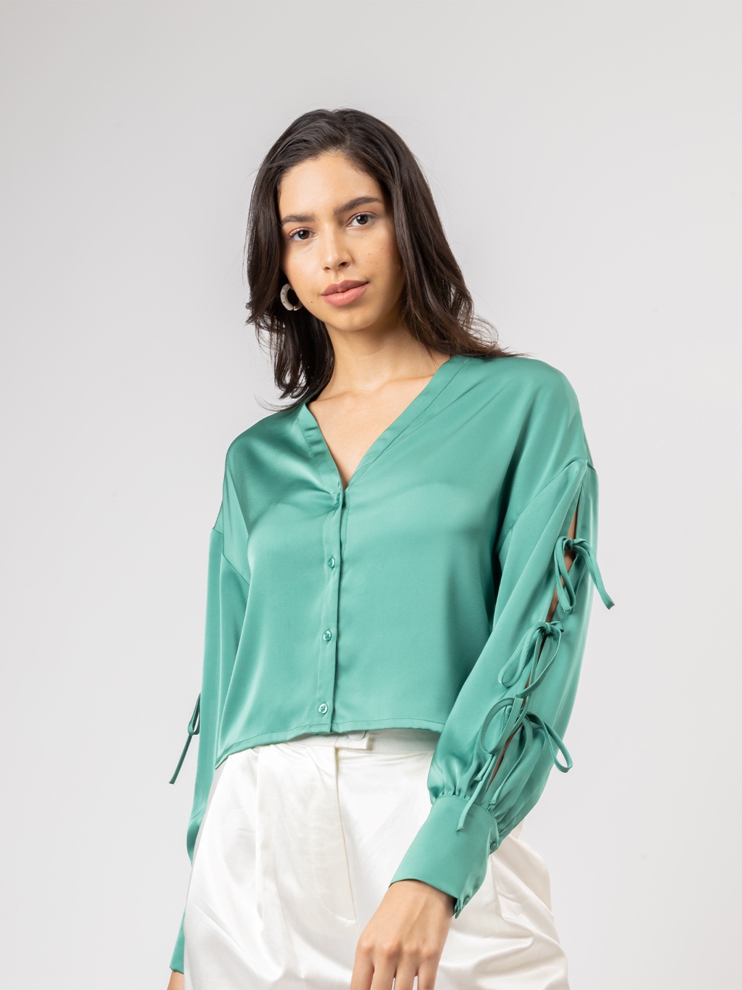 

H&M Cropped Satin Drawstring Shirt, Green