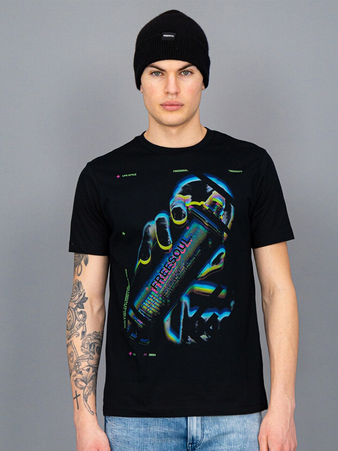 

FREESOUL Graphic Printed Pure Cotton T-shirt, Black