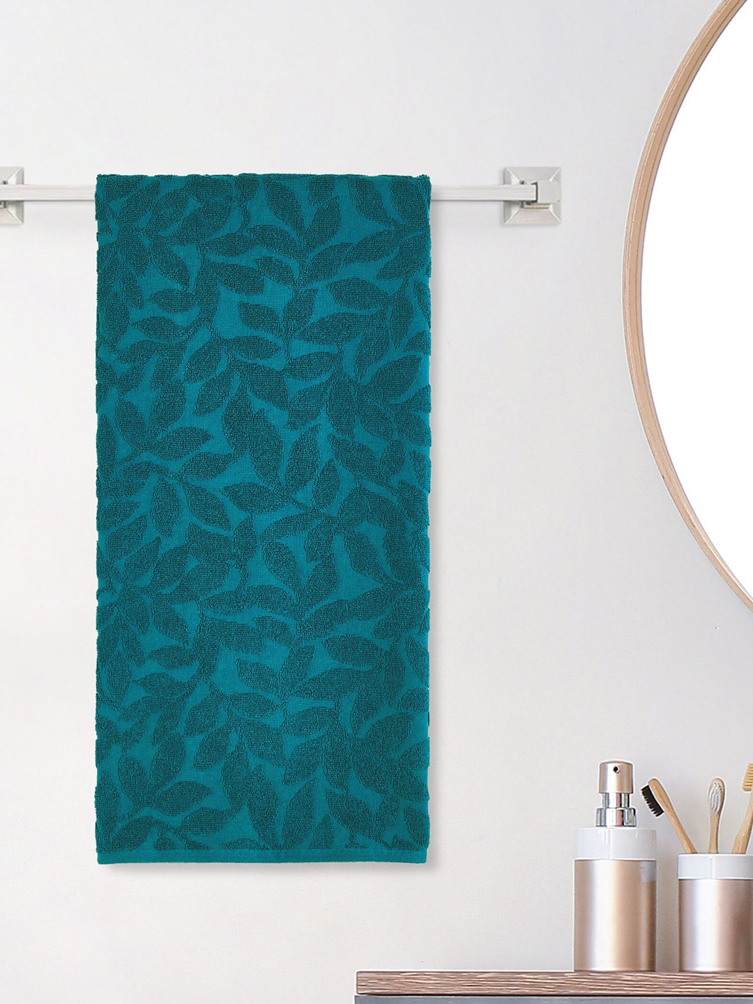 

Home Centre Colour Refresh Essence Teal Green Jacquard 150 GSM Cotton Bath Towel